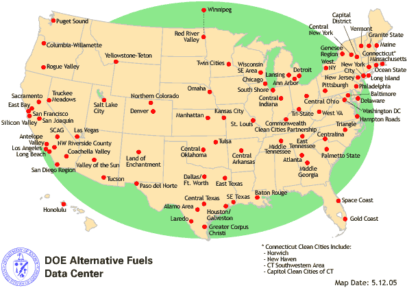 A United States map showing all Clean Cities Coaltion locations